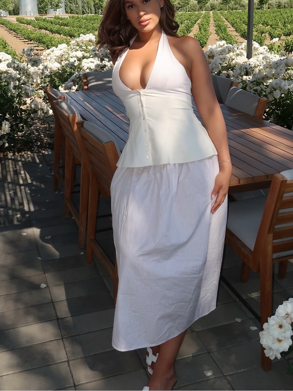 Zara White Halter Midi Skirt with Corset Waist
